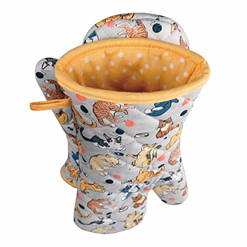 Extra-Long Cotton Oven Mitts, Heat Resistant Cat Print Kitchen Gloves