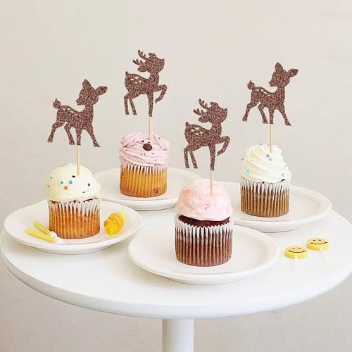 Variation2: 24Pcs Glitter Brown Fawn Deer Cupcake Toppers Picks