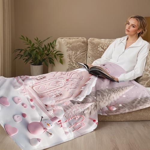 YunTu Christmas Gingerbread House Blanket Pink Holiday Snowman Throw 50"x60"