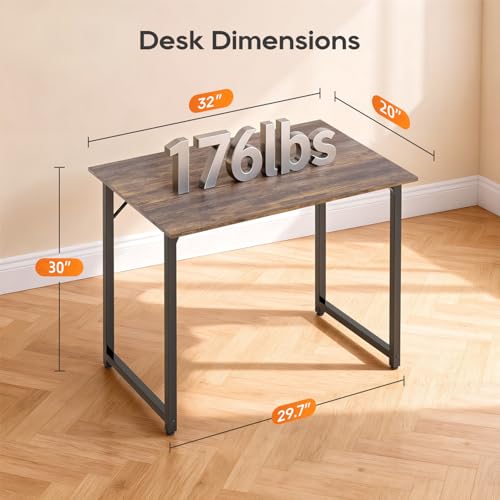32 Inch Computer Desk for Small Spaces - Brown Writing Desk with Steel Frame