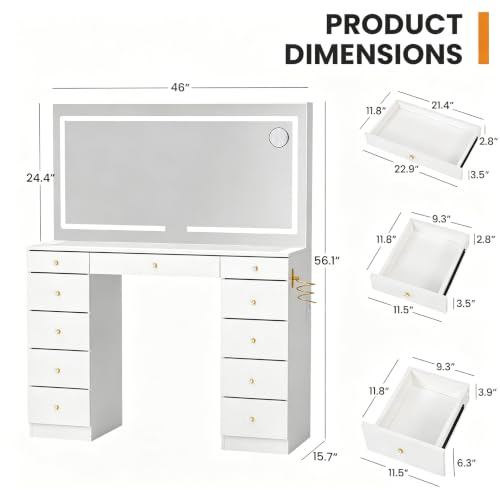 11-Drawer Vanity Desk with LED Mirror, Glass Top, and Charging Station