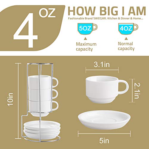Sweejar Black Ceramic Espresso Cups Set of 4 (4 oz) with Saucers & Metal Stand