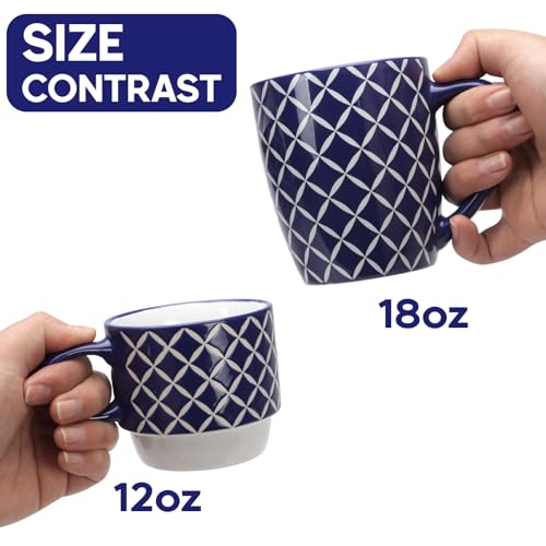 Schliersee 18 OZ Blue Geometric Porcelain Coffee Mug Set of 6 – Large Microwave Safe Drinkware