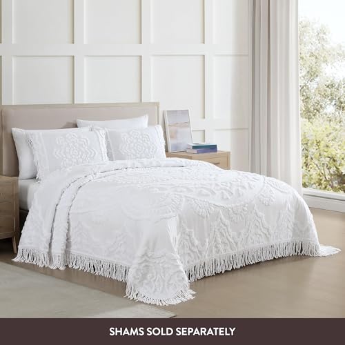 Queen Lotus Medallion Chenille Bedspread - 100% Cotton, White