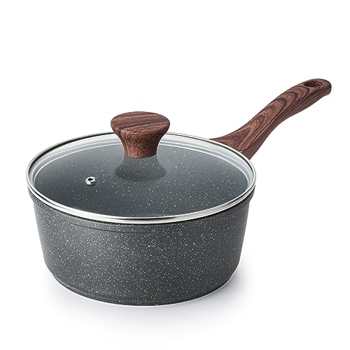 Nonstick Saucepan with Lid - 1.5 Quart Granite Small Cooking Pot for Induction