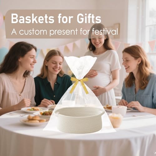 Small Woven Cotton Rope Gift Basket with Handles, White Storage Bin