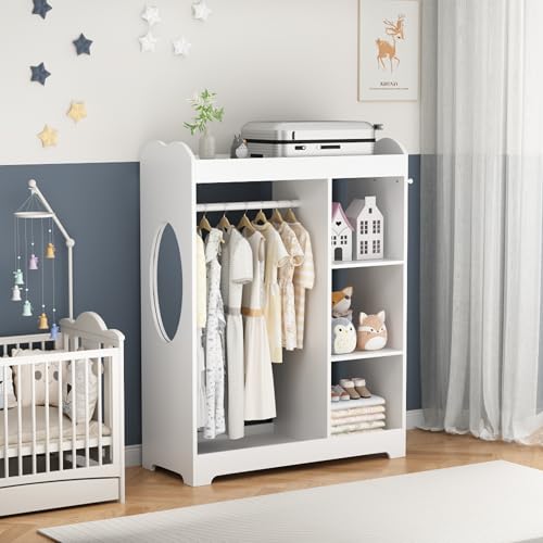 Kids Dress Up Storage Rack with Mirror, Hanging Rod, and Shelves - White