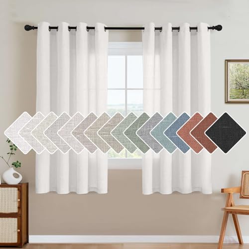 H.VERSAILTEX 2 Pack Ultra Luxurious High Woven Linen Elegant Semi Sheer Curtains Grommet Curtain Panels Light Filtering Privacy Panels Drapes for Kitchen, Nickel Grommet, 52x63-Inch, Heathered White