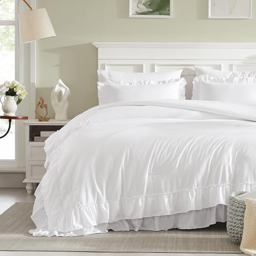 White Ruffle Queen Comforter Set - 3-Piece Shabby Chic Farmhouse Bedding