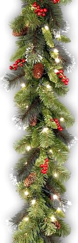 9ft Pre-Lit Christmas Garland with 50 Clear Lights, Pinecones & Berries