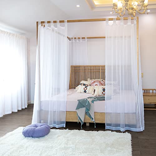 White Sheer Canopy Bed Curtains - 8 Panel Tab Top 4 Poster Frame Drapes