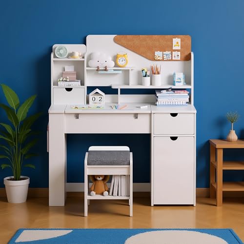 Kids Ergonomic Study Desk and Chair Set with Tiltable Desktop and Storage