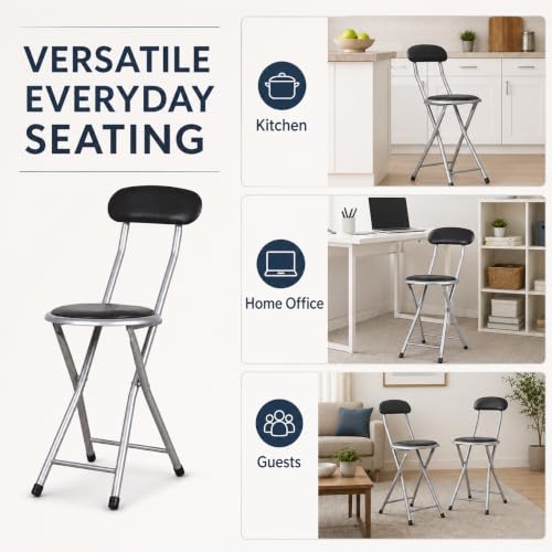 Padded Folding Stool with Backrest, Space-Saving Metal Chair for Home