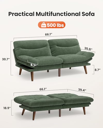 Amada 66-Inch Convertible Corduroy Futon Sofa Bed — Green, Small Space Friendly