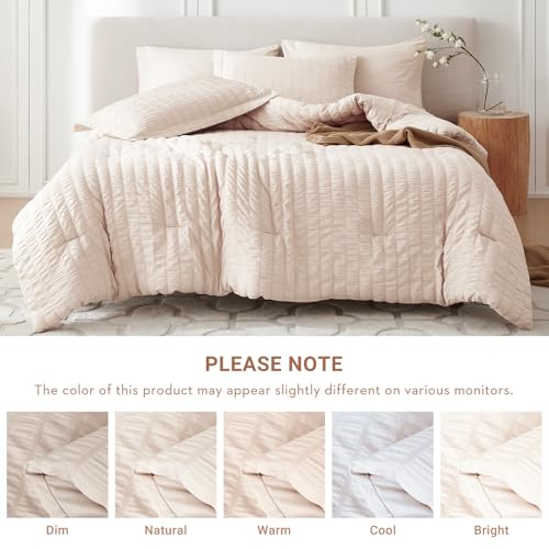 7-Piece Queen Seersucker Comforter Set - All-Season Bed in a Bag, Beige