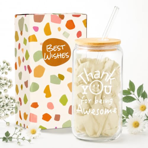 Thank You for Being Awesome Glass Can Cup with Lid and Straw, 18oz