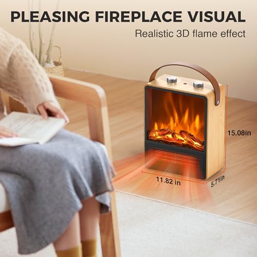 Riseon Oak Electric Fireplace Heater for Indoor Use, Space Heater with 3D Flame