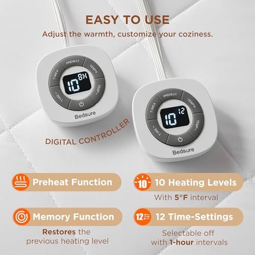 Heated Mattress Pad Queen - 10 Heat Settings, Dual Control, Machine Washable