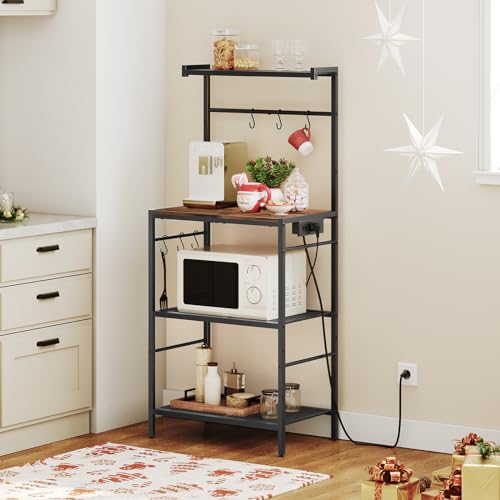 4-Tier Bakers Rack with Power Outlet, Kitchen Storage Shelf & 6 Hooks