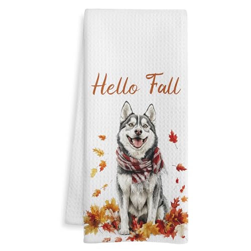 WOTYPU Husky-3 Fall Kitchen Towels, Dog & Maple Leaf Design, 16x24 Inch