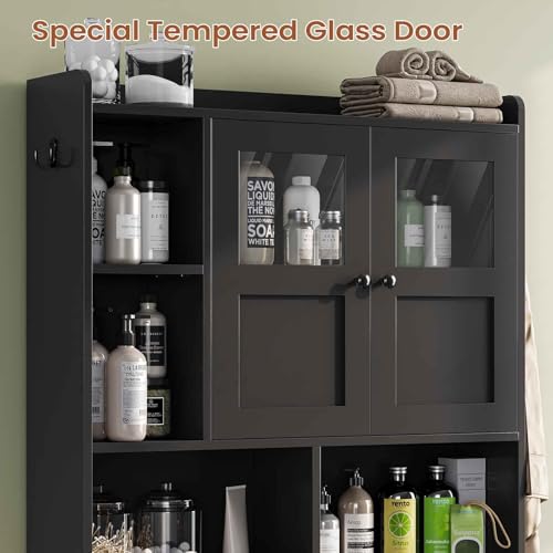 Over-the-Toilet Storage Cabinet with Glass Doors and Adjustable Shelves