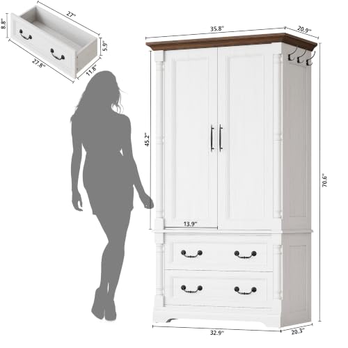 70-Inch Farmhouse Wardrobe Armoire with 2 Drawers and Hanging Rod, White