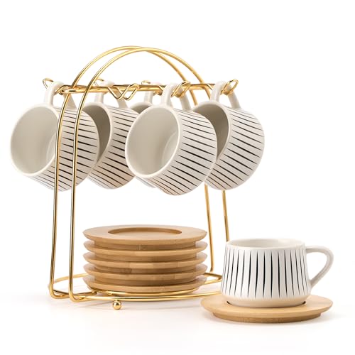 LUKA 6-Stripe White Ceramic Espresso Cups Set with Saucers & Metal Holder, 4.4 oz
