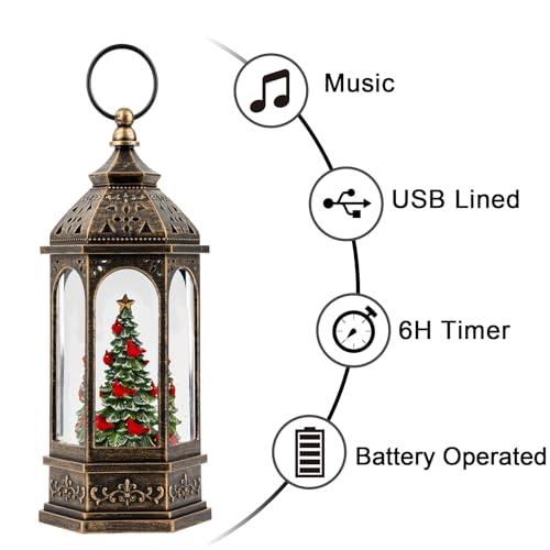 10.5-Inch Musical Christmas Tree Snow Globe Lantern with Cardinals