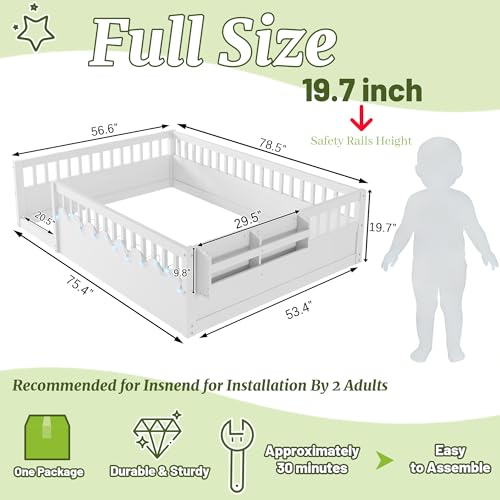 Full Size Montessori Floor Bed with High Rails, LED Lights & Storage Shelf