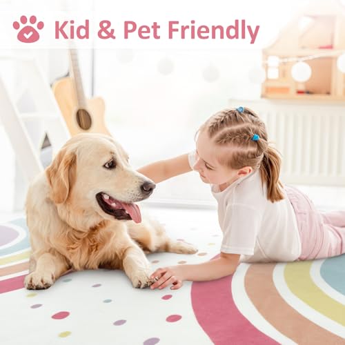 Washable Rainbow Area Rug for Kids Bedroom, 5x7 Soft Non-Slip Nursery Carpet