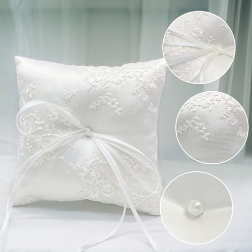 White Satin Ring Bearer Pillow with Floral Lace and Ribbon Bow, 6x6 Inch