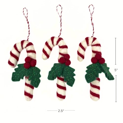 Humble Hilo Candy Cane with Holly 3-Pack Handmade Felt Christmas Ornaments