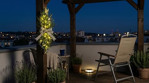 26-Inch Lighted Olive Leaf Swag with Timer and Striped Bow