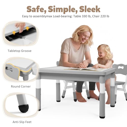 Kids Table and Chairs Set with Storage - Grey, Adjustable Height, 2 Chairs + 1 Table