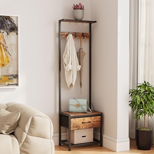 Narrow Hall Tree with Storage Bench, Coat Rack and Fabric Drawers