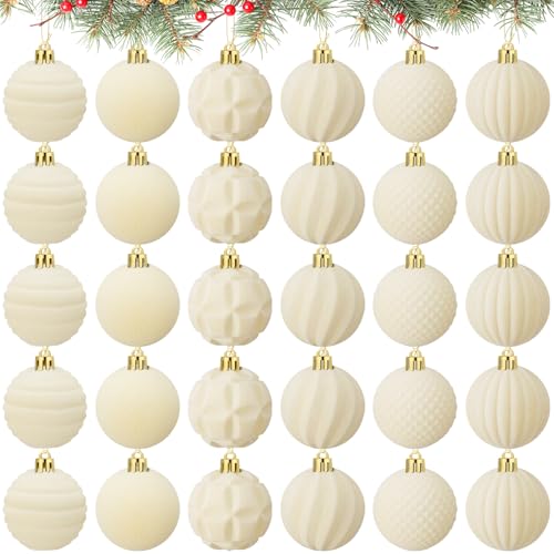 Menkxi 30 Pcs Cream White Velvet Christmas Ornaments, 2 Inch Flocked Balls – 6 Styles, Gold Hanging Cord