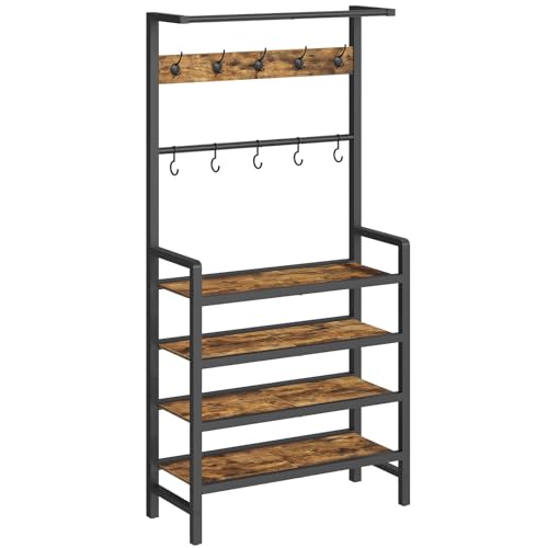 Industrial Hall Tree with 4-Tier Shoe Rack and 10 Hooks - Entryway Storage