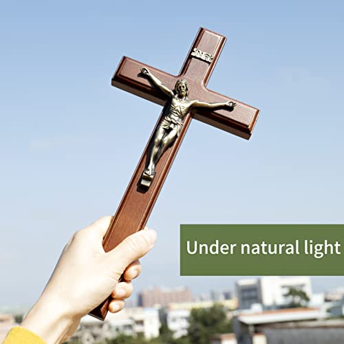 12-Inch Wooden Crucifix Wall Cross with Antique Brass Jesus Corpus