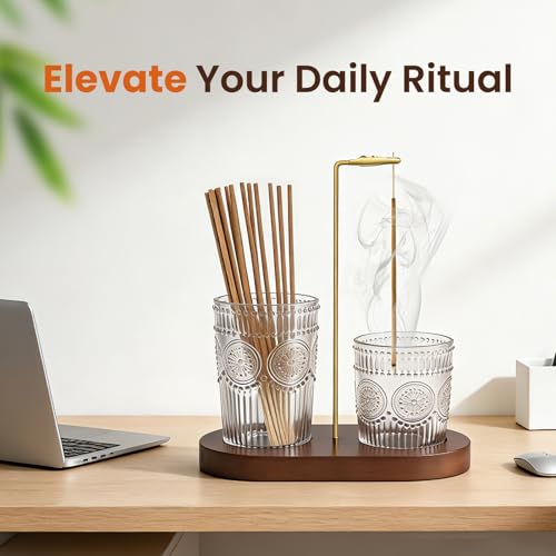 2-in-1 Vintage Glass Incense Burner with Wood Base - Upside Down Ash Catcher
