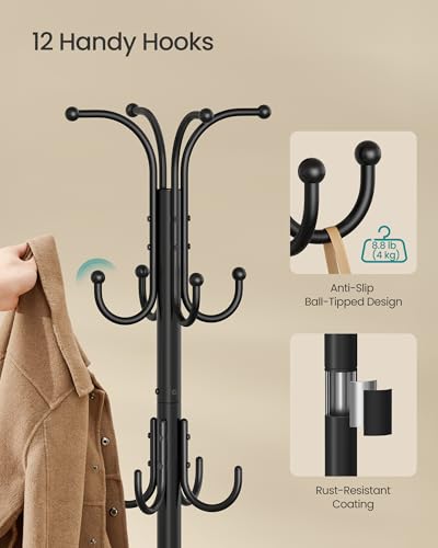 Freestanding Metal Coat Rack with 12 Hooks and Umbrella Holder