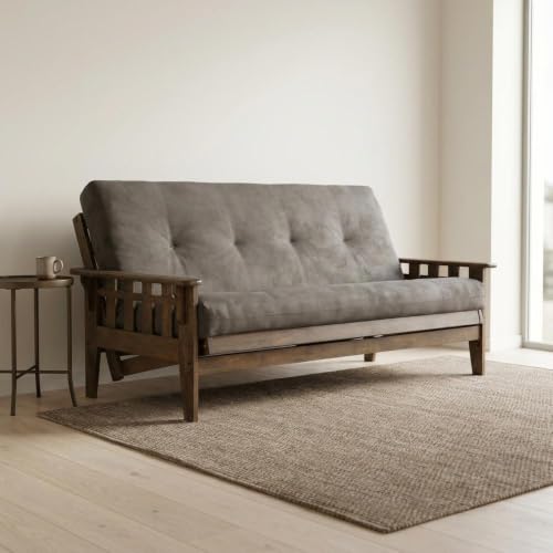 Full Size Futon Sofa Bed with Hardwood Frame in Rustic Walnut