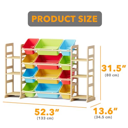 Kids Toy Storage Organizer with 12 Bins and Bookshelf, Pine Wood
