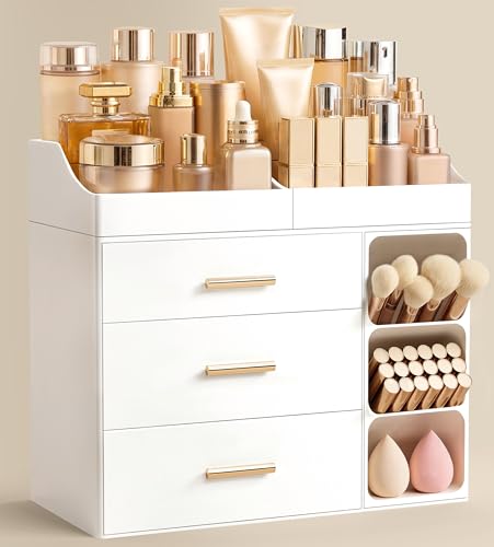 HBlife All White Makeup Organizer with Drawers & Brush Slots – Large Vanity Storage