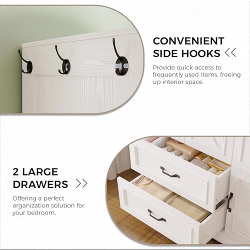 4-Door Wardrobe Closet with Drawers and Shelves, White Bedroom Armoire