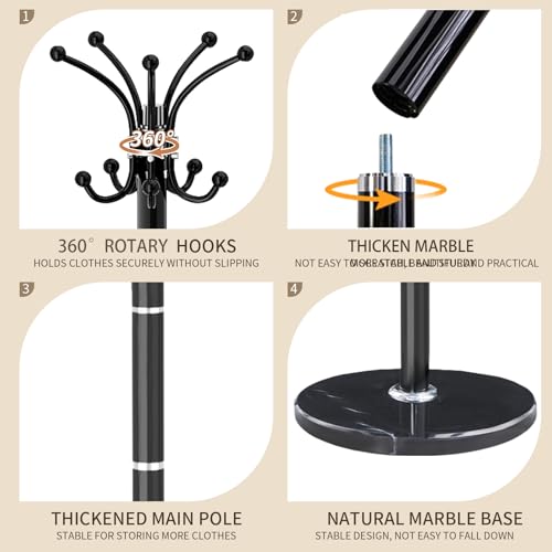 Heavy Duty 360° Rotating Coat Rack Stand with Natural Marble Base, 16 Hooks