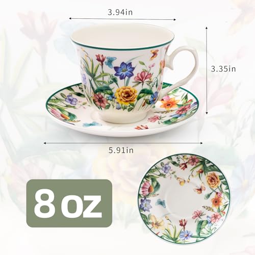 XRBEOU Green-Trimmed 8 oz Floral Butterfly Porcelain Tea Cup & Saucer Set