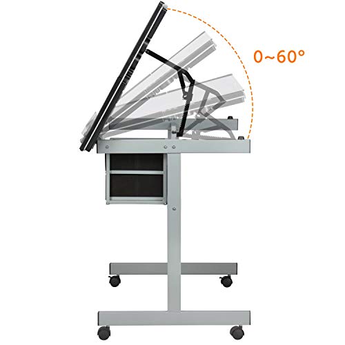 Adjustable Glass Drafting Table with Drawers and Wheels, Art Craft Desk