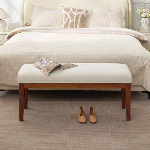 43.5-Inch Upholstered Bedroom Bench with Solid Wood Legs, Cream White