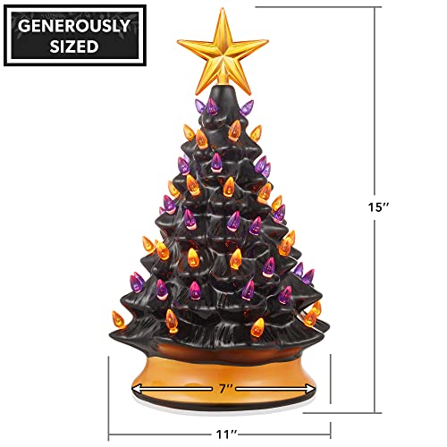 Hand-Painted Ceramic Halloween Tree - 15-Inch Pre-Lit Tabletop Decor