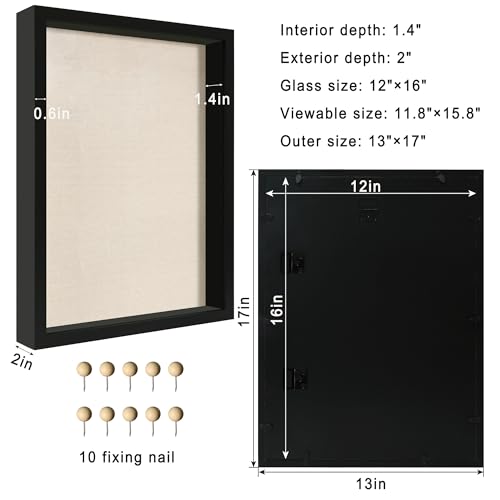 12x16 Shadow Box Frame with Linen Back and Tempered Glass, Black Wood
